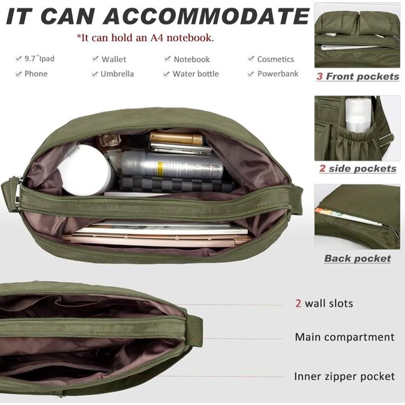 Women Army Green Nylon Water Resistant Anti Theft Travel Crossbody Shoulder Bag - Picture 4 of 7